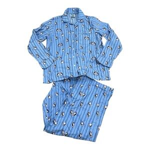 Lands' End Women's Flannel Clear Blue Playful Puffins Pajama Set